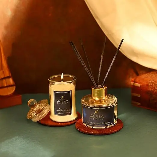 AuraDecor Luxury Reed Diffuser & Scented Candle Gift Set with Premium Fragrance of Blue Sage & Lavender